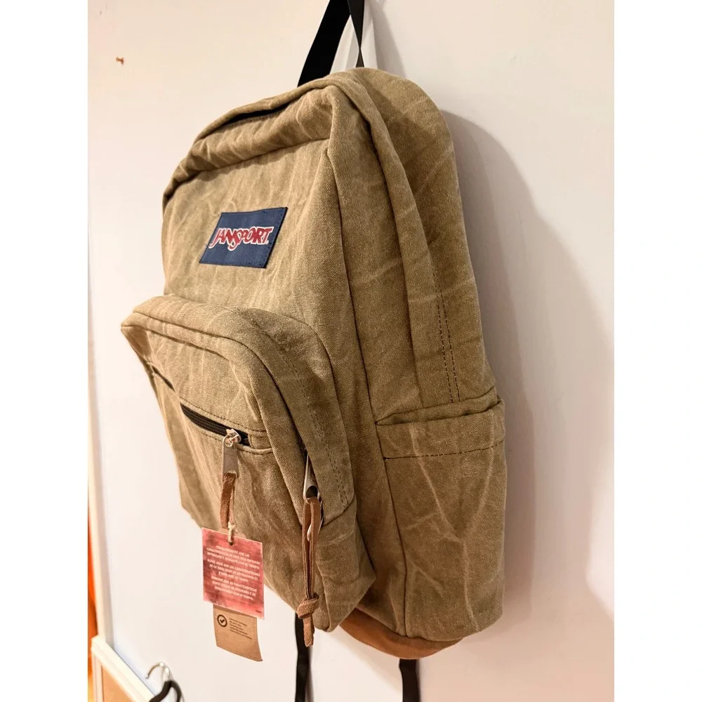 JanSport Right Pack Waxed Canvas Backpack Olive Green Suede Bottom 15 Laptop Bag